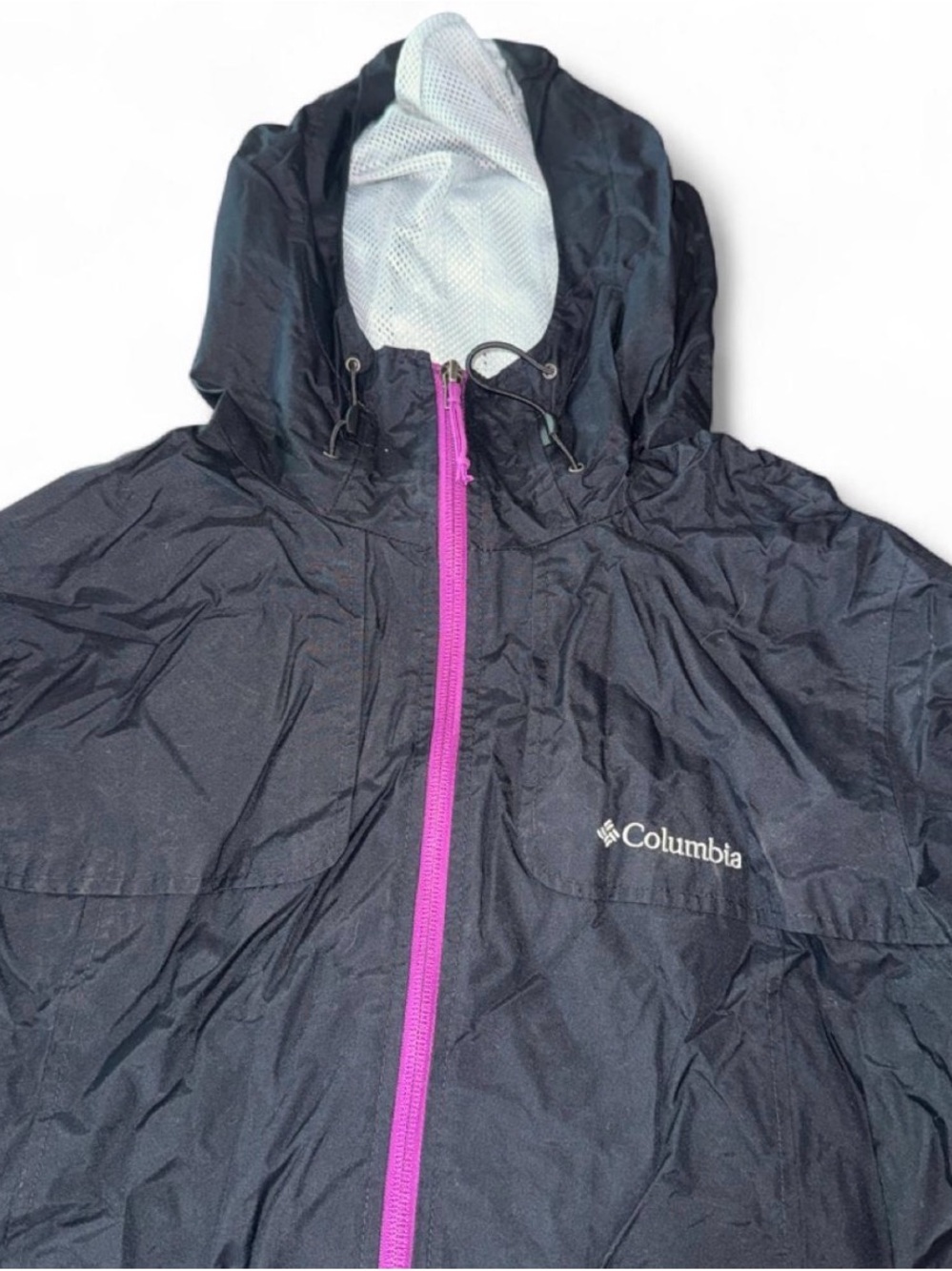 Columbia Women’s Black Hooded Rain Jacket with Pink Zipper